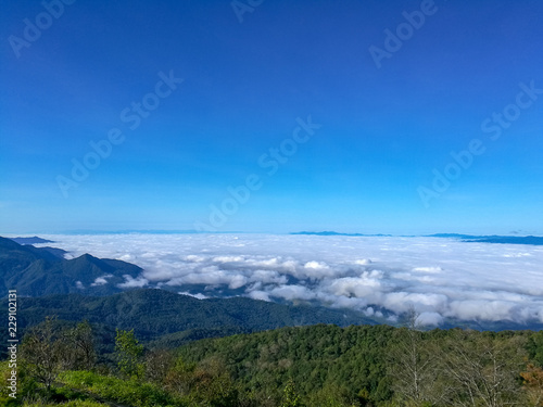 View of Mountains covered by heavy fog at Doi Inthanon National Park  in Chiang Mai Province, northern Thailand © physicsjoey
