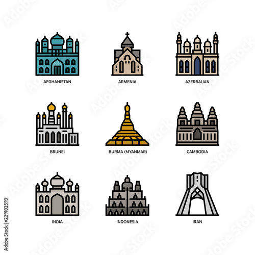Asian cities and counties landmarks icons set 1