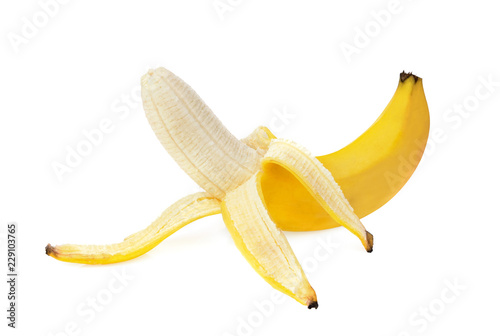 peeled banana slices isolated on white white background