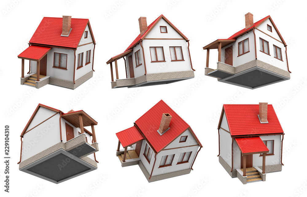 3d rendering of several single storied houses with an attics hanging on a white background at different angles of view.