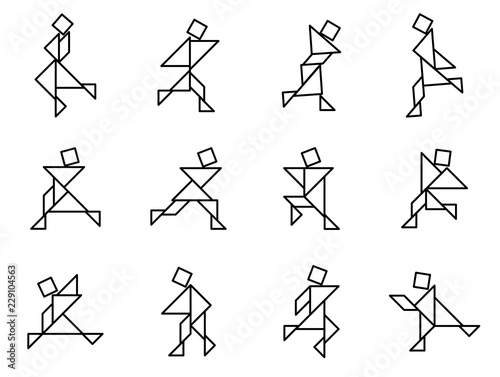 Set of Simple outline tangram people in variety action for create design icon vector
