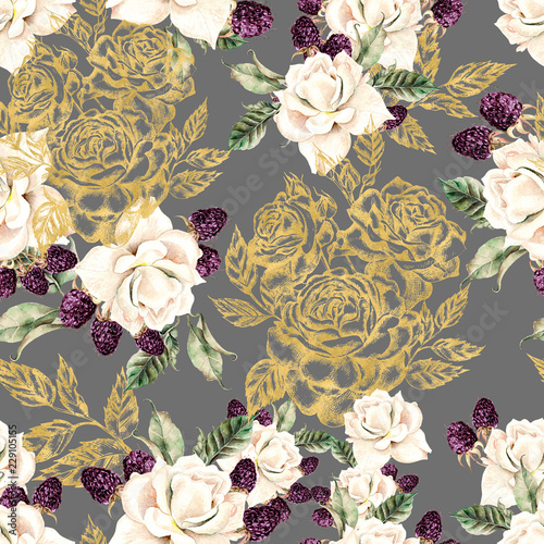 Beautiful watercolor and golden graphic seamless pattern with roses and berri...