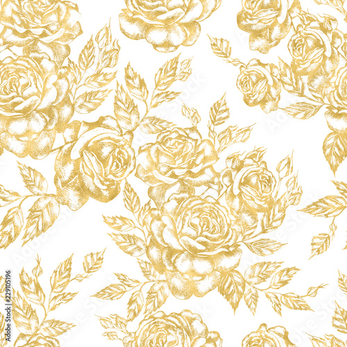 Beautiful graphic pattern with roses flowers and leaves.