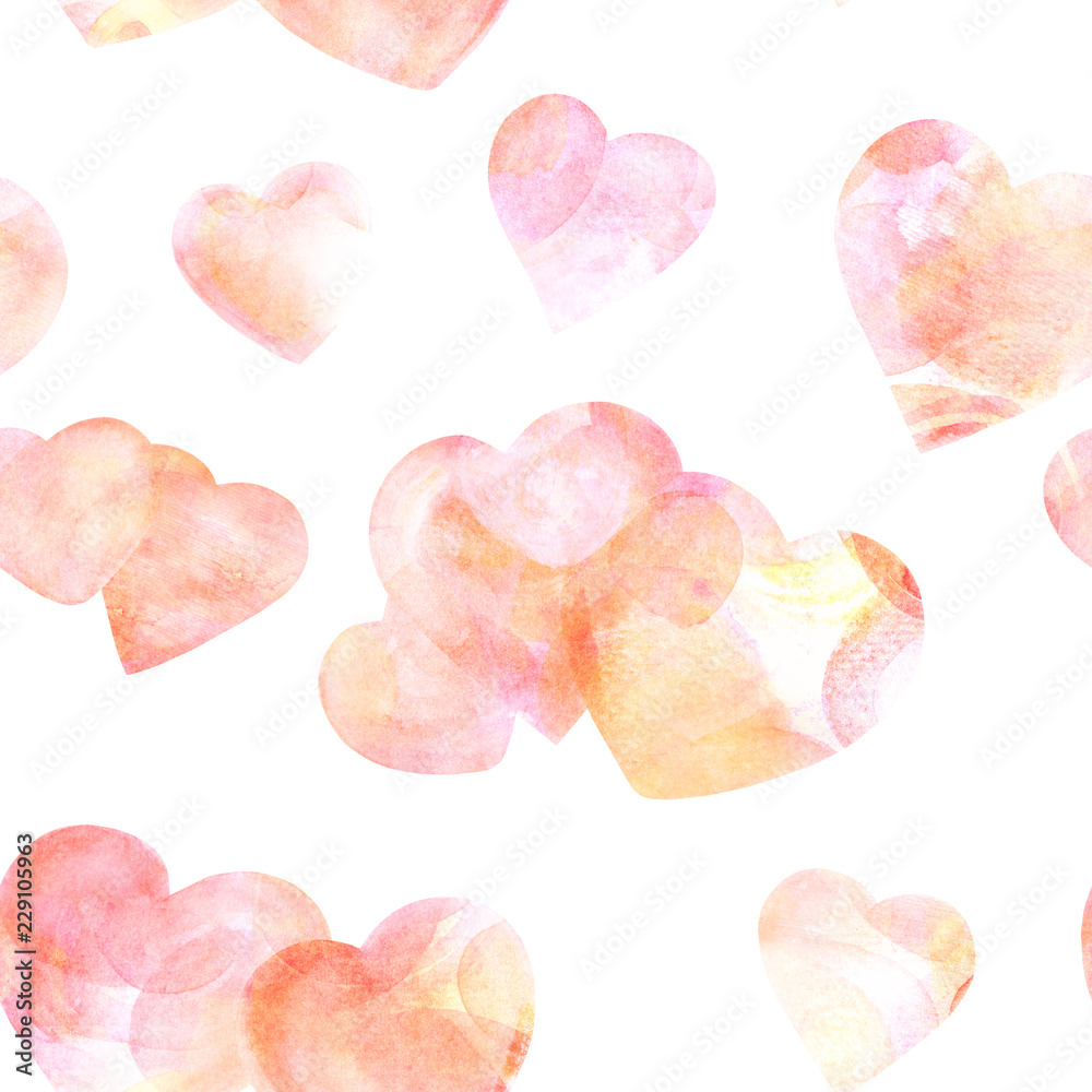 Seamless pattern of pastel pink watercolor hearts on a white background, a romantic Valentine day repeat print