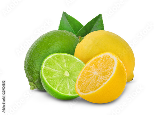 fresh lime and lemon with green leaf isolated on a white background