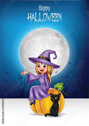 Cartoon little witch sitting on halloween pumpkin with black cat