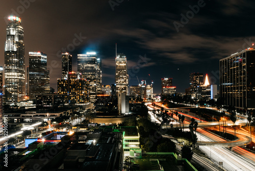 Downtown Los Angeles at night after a winter rain storm 