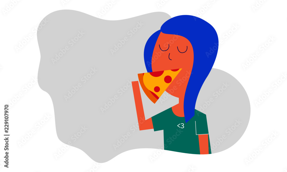 Flat Vector Illustration of hungry girl eating pizza. Pizza and girl. Pizza Design Template.