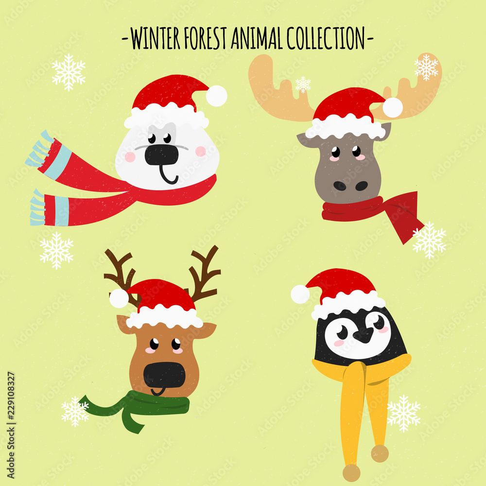Winter Forest Animal Wearing Santa Het and Scraft