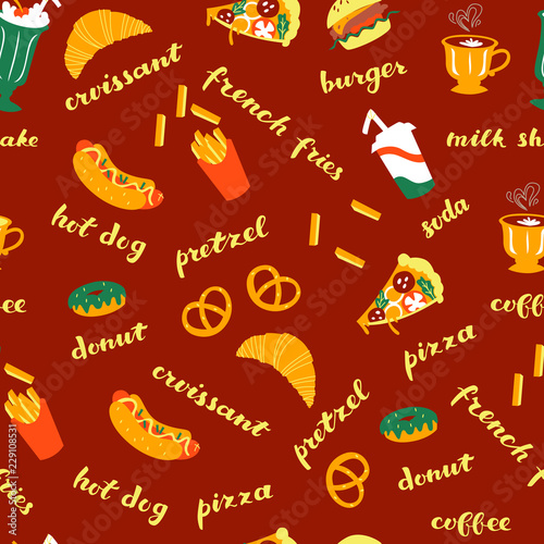 Vector Pattern with Hot Dog, Pizza, Coffee, Donut, Hamburger and Etc.