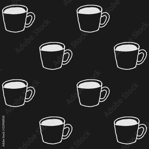Coffee mugs in hand drawn style. Coffee or tea cups seamless pattern in black and white
