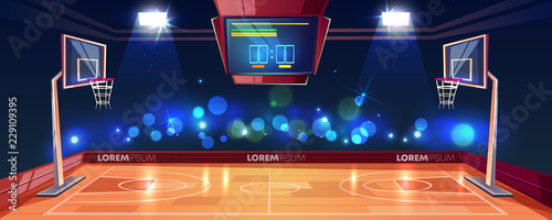 Basketball court illuminated with stadium lights, scoreboard and cameras flashlight in fan sector cartoon vector illustration. Modern arena for sports games. Basketball championship or tournament