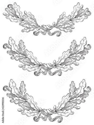 Set of Vintage Oak wreaths. Vector Decorative elements with oak branches at engraving style isolated on white background