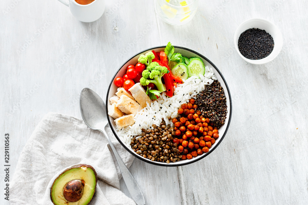Top view buddha bowl wooden table Clean balanced healthy food Top view buddha bowl wooden table Clean balanced healthy food