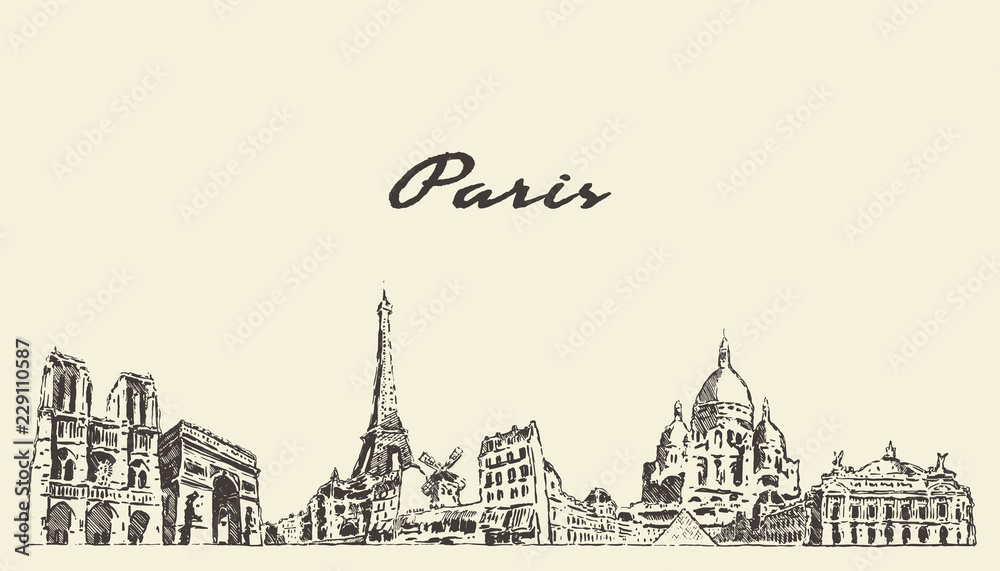 Paris skyline, France vector city drawn sketch