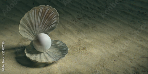Pearl in an oyster shell underwater, on the seabed. 3d illustration