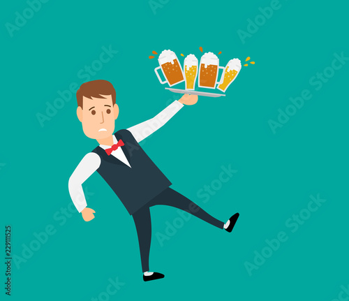 falling balanced waiter with tray beer glasses