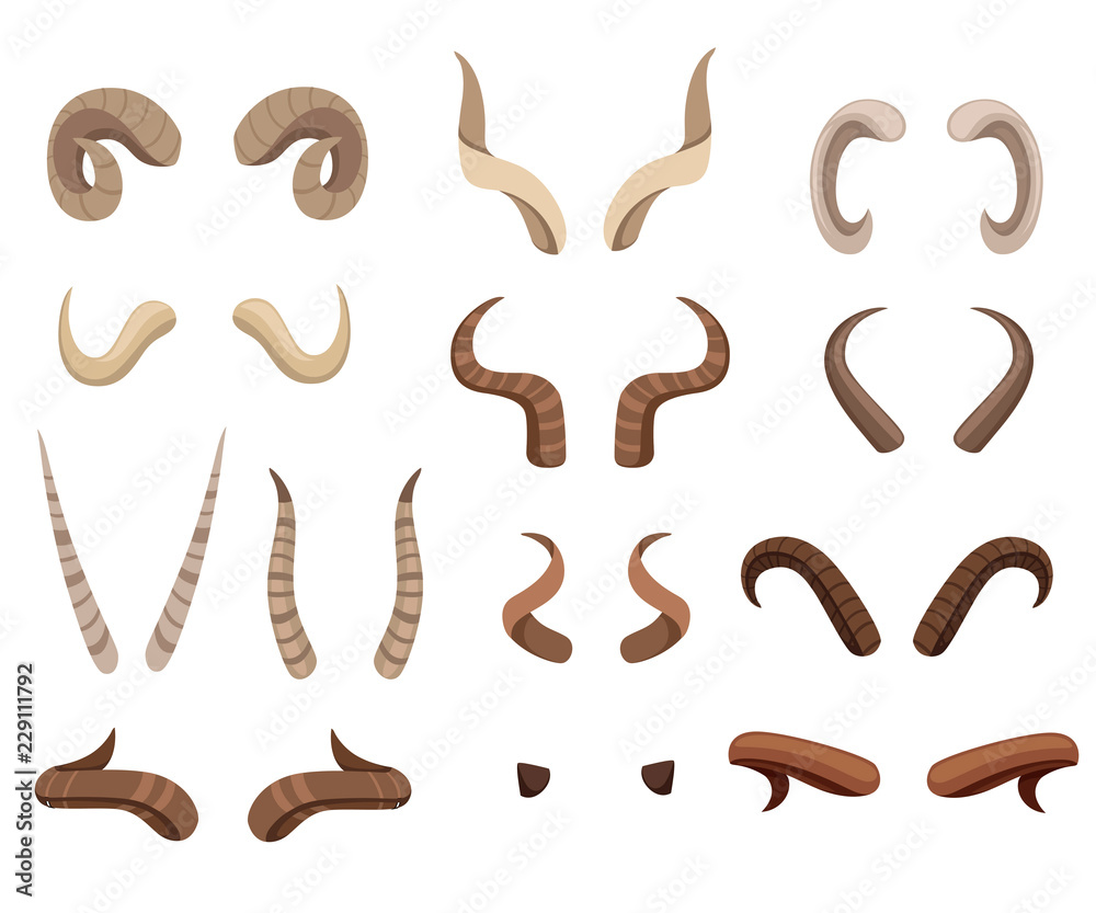 Set of animal horns. Horn icons. Horny hunting trophy of reindeer. Flat vector illustration isolated on white background Set of animal horns. Horn icons. Horny hunting trophy of reindeer. Flat vector illustration isolated on white background