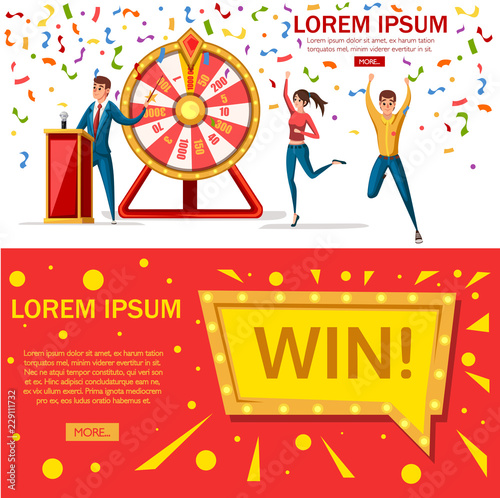 Wheel of fortune with men and confetti. Winners man and women. Wheel game ,winner play luck flat style. Win badge. Vector illustration on white and red background