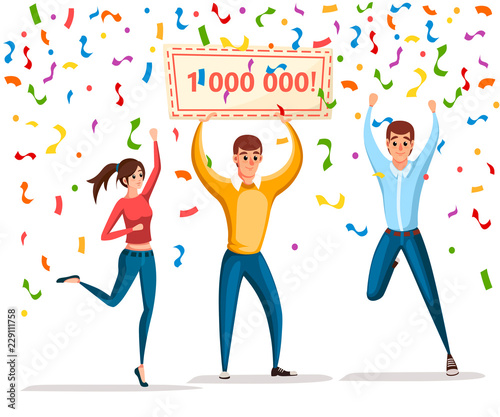 Lottery winner. Women and man stand with winner banner, 1000000. Happy people. Win million. Cartoon character design. Flat vector illustration isolated on white background