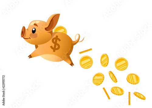 Golden piggy bank flying and drop coin. The concept of saving or save money or open a bank deposit. Flat vector illustration isolated on white background