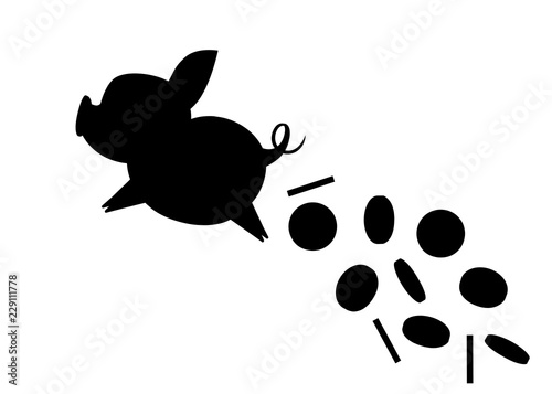 Black silhouette. Piggy bank flying and drop coin. The concept of saving or save money or open a bank deposit. Flat vector illustration isolated on white background