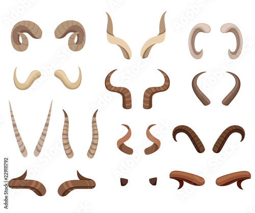 Set of animal horns. Horn icons. Horny hunting trophy of reindeer. Flat vector illustration isolated on white background