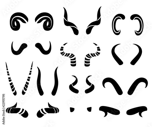 Black silhouette. Set of animal horns. Horn icons. Horny hunting trophy of reindeer. Flat vector illustration isolated on white background
