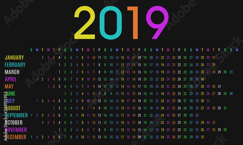 Colorful 2019 planner calendar and day schedule for private use and business