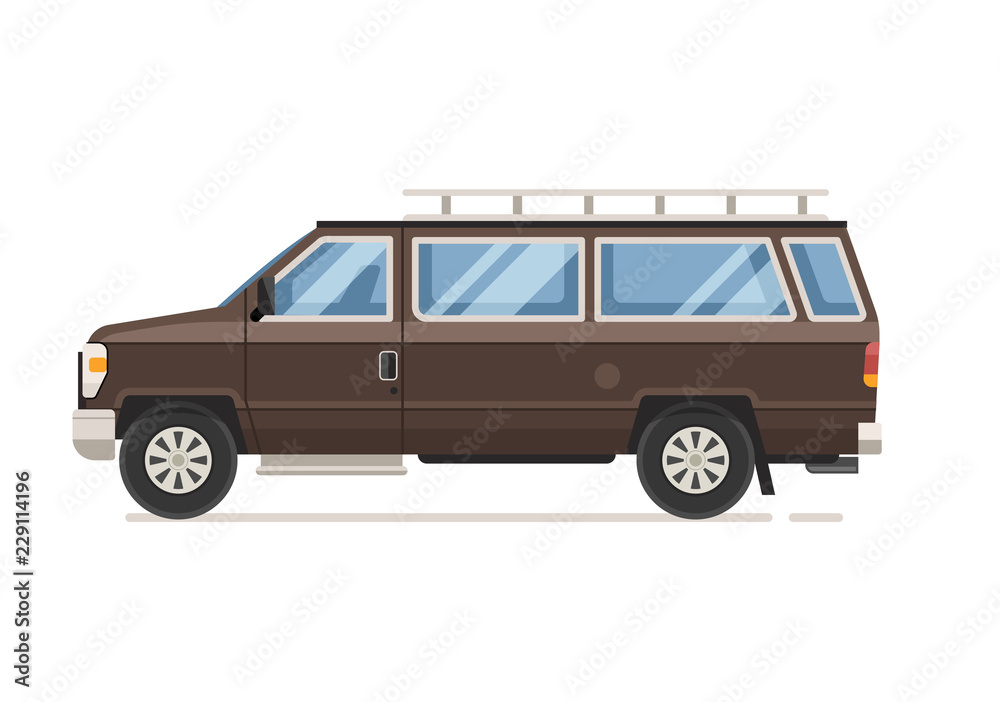 Retro RV caravan in flat design. Family van icon. Old minivan for road travel. Cartoon voyage SUV car.