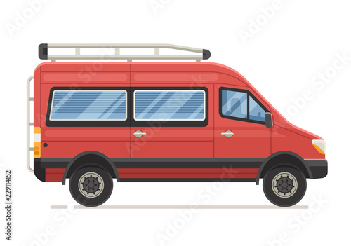 Retro RV minivan in flat design. Family van icon. Old red microbus for road travel. Cartoon voyage car.