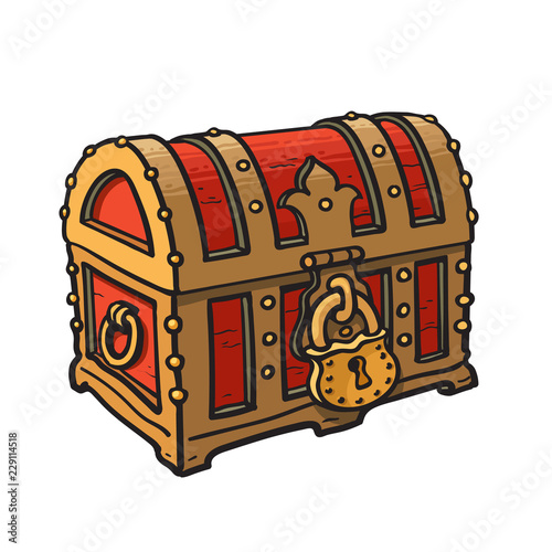 Locked pirate treasure chests with golden lock. Cartoon style hand drawn vector illustration isolated on white.