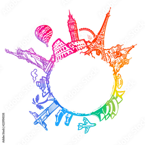 Famous world landmarks located around the globe. Design for travel and tourism with copy space. Hand drawn vector illustration in sketch style.
