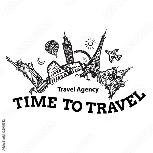 Travel agency signboard. Travel and tourism background. Famous world landmarks located around the globe. Hand drawn sketch vector illustration.