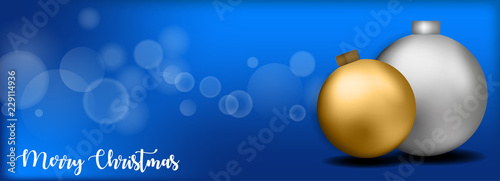 Merry christmas banner design whit ball and blue background 