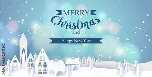 Merry Christmas and Happy New Year paper greeting card with winter houses. Winter paper landscape. vector illustration paper art and craft style.