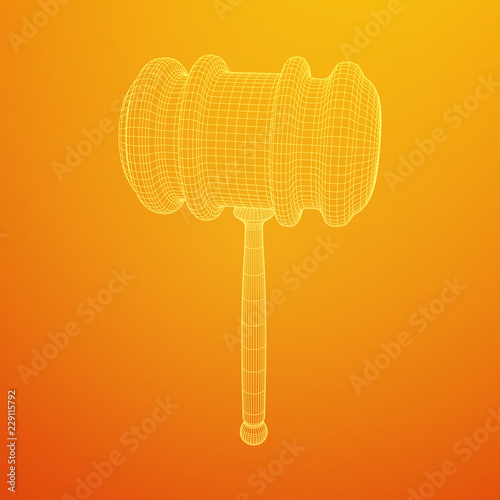 Gavel, hammer of judge or auctioneer. Wireframe low poly mesh vector illustration