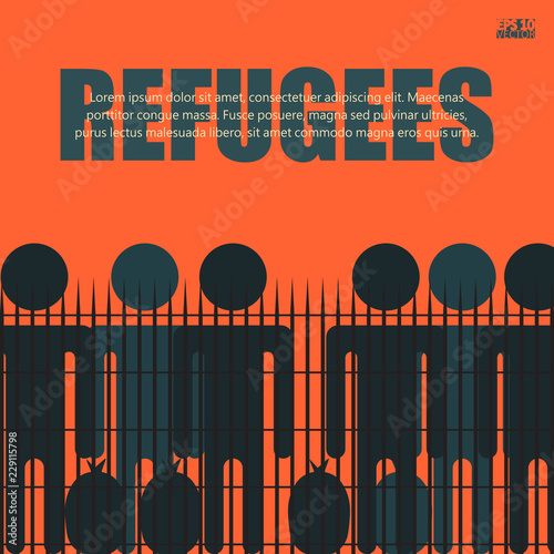 Migrants and refugees are standing behind closed and shut barrier, fence made of barbed wire. Eps10 vector illustration