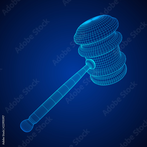 Gavel, hammer of judge or auctioneer. Wireframe low poly mesh vector illustration