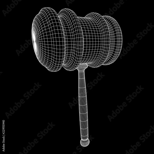 Gavel, hammer of judge or auctioneer. Wireframe low poly mesh vector illustration
