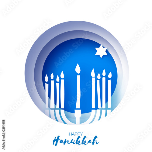 Origami Happy Hanukkah Greeting card on blue. Hanuka jewish illustration. jewish menorah. Hanuka candles symbol in paper cut style. Happy holidays. David star.
