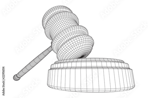 Gavel, hammer of judge or auctioneer. Wireframe low poly mesh vector illustration