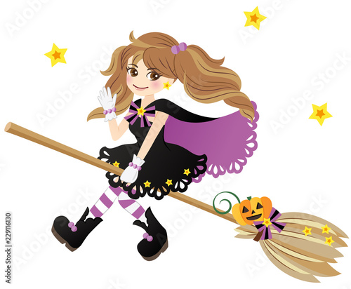 箒で空を飛ぶハロウィンの魔女