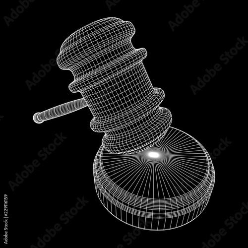Gavel, hammer of judge or auctioneer. Wireframe low poly mesh vector illustration