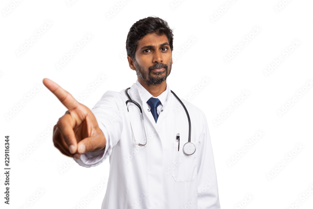 Physician holding index finger up as forbidden gesture. Physician holding index finger up as forbidden gesture.