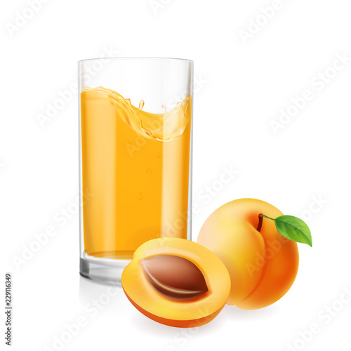 Apricots juice in glass 3d realistic illustration