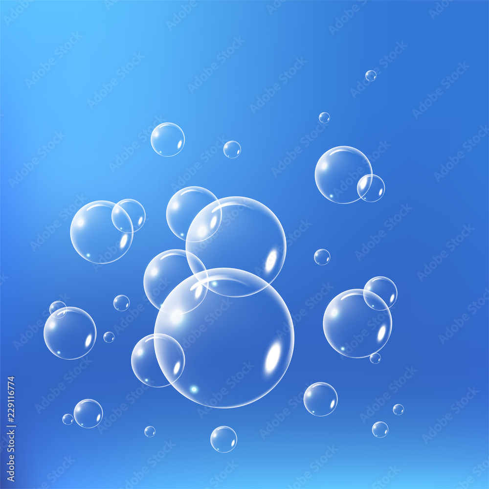 Realistic soap bubbles set isolated on the blue background. vector Illustration