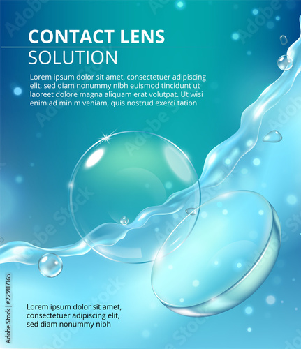 Lens solution ads, clear liquid pouring down to the eye contact, illustration