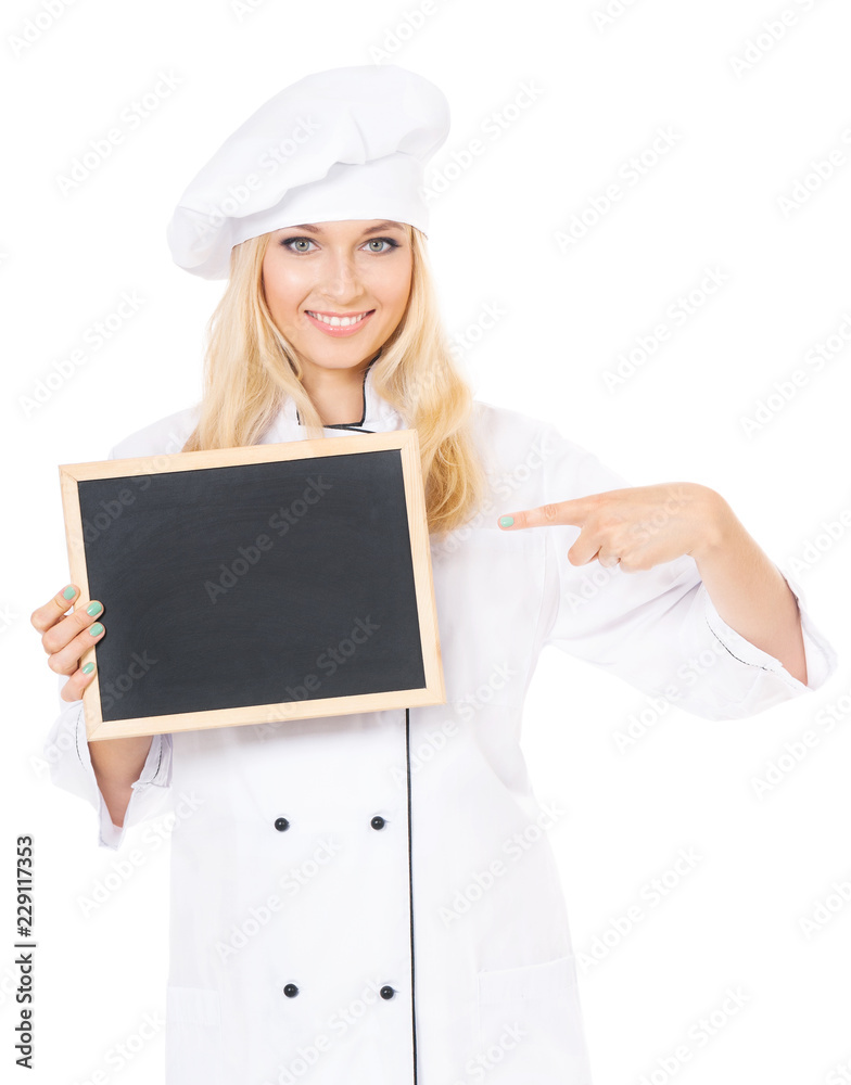 Woman cook in chef hat with small blackboard, isolated on white background Woman cook in chef hat with small blackboard, isolated on white background