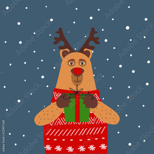 Cute bear in winter ornamental pullover whith deer horns and present. Christmas card.